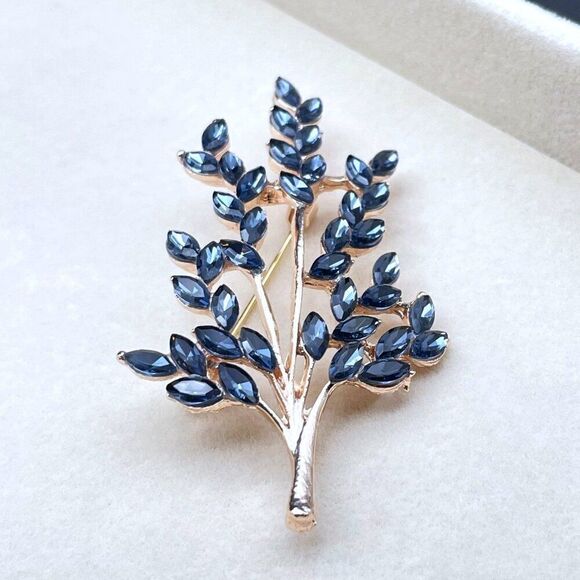 Rose Gold with Blue Sapphire Crystal Tree Branch with Leaves Pin Back Brooch - Picture 4 of 9